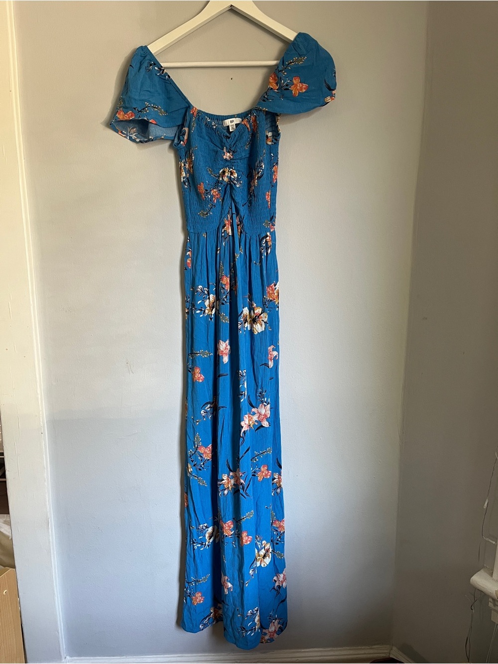 🌸bp Blue Floral Off-Shoulder Maxi Dress with Puff Sleeves